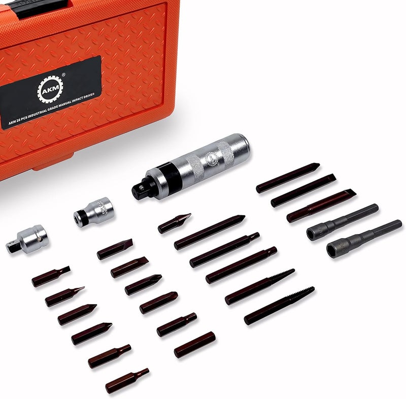 AKM Hand Manual Reversible Impact Driver Set Extractor-26 PCS Impact Screwdriver S2 Steel Hex Phillips Slotted Screwdriver Bits Much More Durable Disengage Rusted Fasteners or Frozen Bolts - Image 1